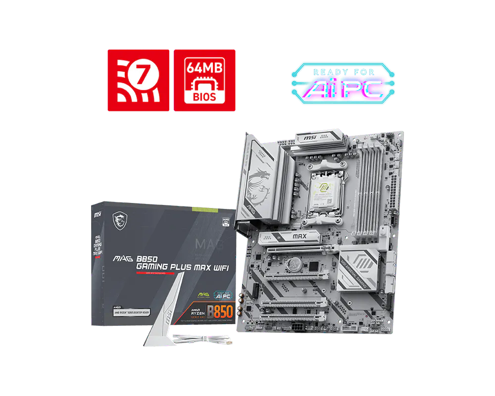 לוח אם לבן MSI MAG B850 GAMING PLUS MAX WIFI AMD AM5 DDR5
